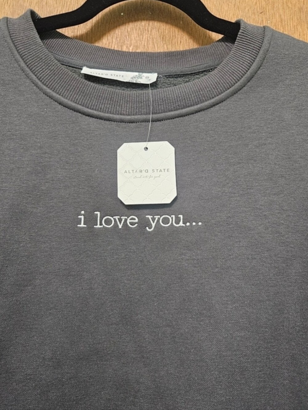 Altar'd State Taylor Swift Charcoal Gray Crewneck Sweater w/ White Embroidered - Picture 6 of 6
